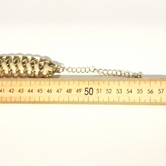 Gold Tone Chain Leather Crystal Rhinestone Chunky Necklace - Picture 9 of 9